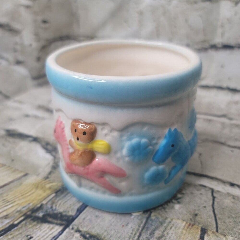 Ceramic Planter Japan Baby Nursery Bear on Horses Flowers 4 x 3.5 Inches